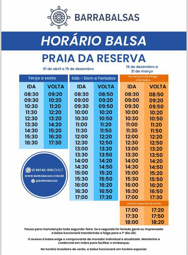 Tabela de horários da balsa Barra Balsas para a Praia da Reserva
